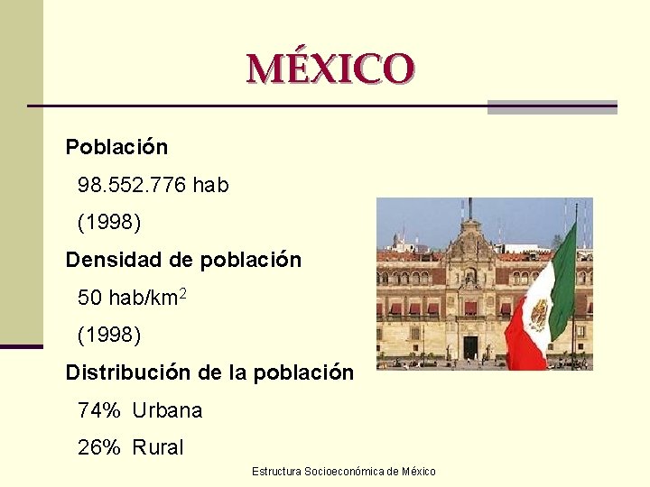 MÉXICO Población 98. 552. 776 hab (1998) Densidad de población 50 hab/km 2 (1998)