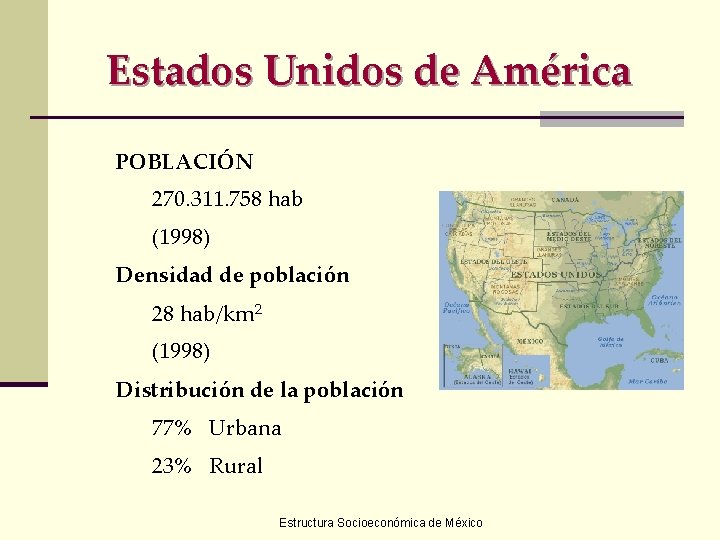 Estados Unidos de América POBLACIÓN 270. 311. 758 hab (1998) Densidad de población 28