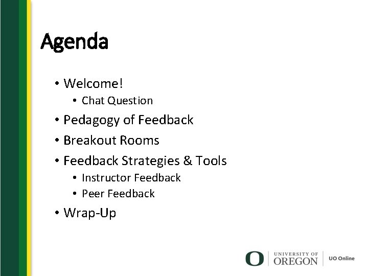 Agenda • Welcome! • Chat Question • Pedagogy of Feedback • Breakout Rooms •