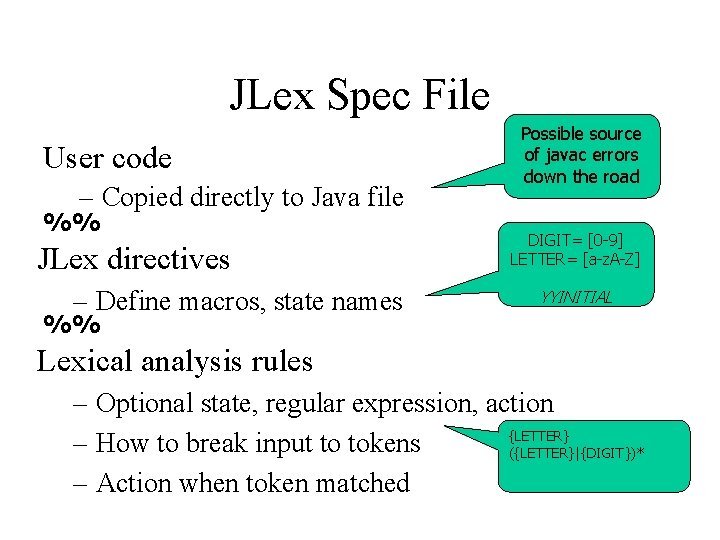 JLex Spec File User code – Copied directly to Java file %% JLex directives