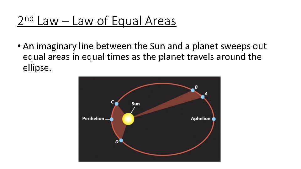 2 nd Law – Law of Equal Areas • An imaginary line between the