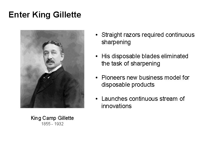 Enter King Gillette • Straight razors required continuous sharpening • His disposable blades eliminated