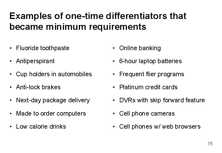 Examples of one-time differentiators that became minimum requirements • Fluoride toothpaste • Online banking