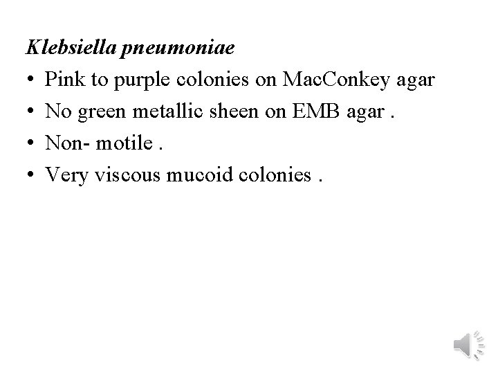 Klebsiella pneumoniae • Pink to purple colonies on Mac. Conkey agar • No green