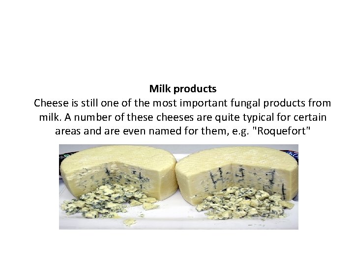Milk products Cheese is still one of the most important fungal products from milk.