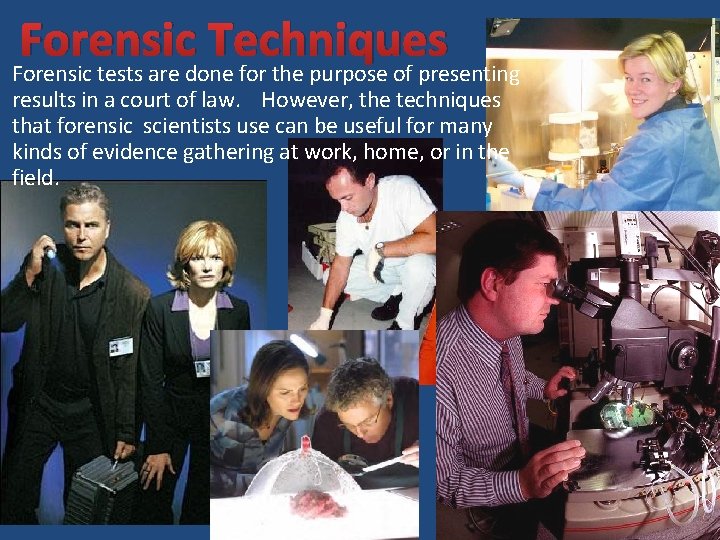 Forensic Techniques Forensic tests are done for the purpose of presenting results in a