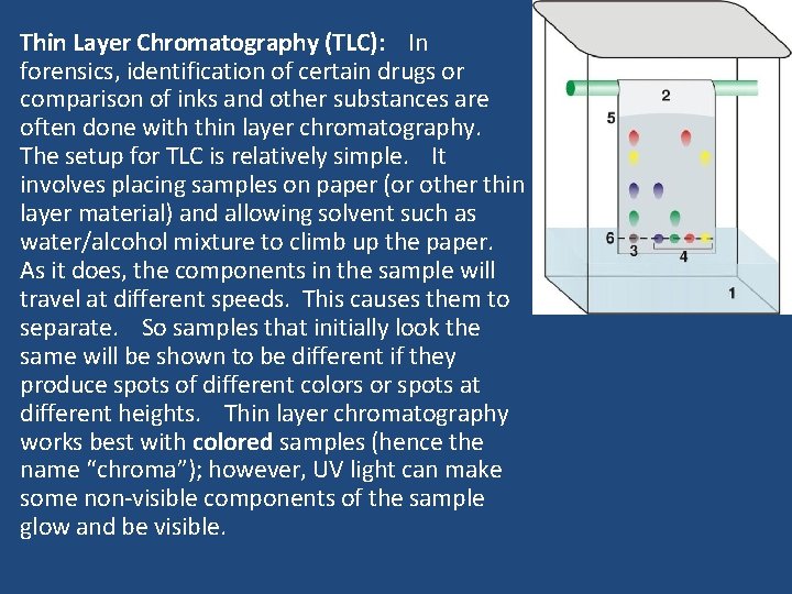 Thin Layer Chromatography (TLC): In forensics, identification of certain drugs or comparison of inks