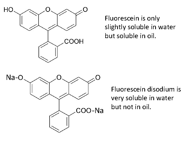 Fluorescein is only slightly soluble in water but soluble in oil. Na- -Na Fluorescein