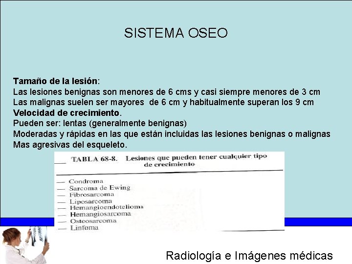 SISTEMA OSEO Tamaño de la lesión: Las lesiones benignas son menores de 6 cms