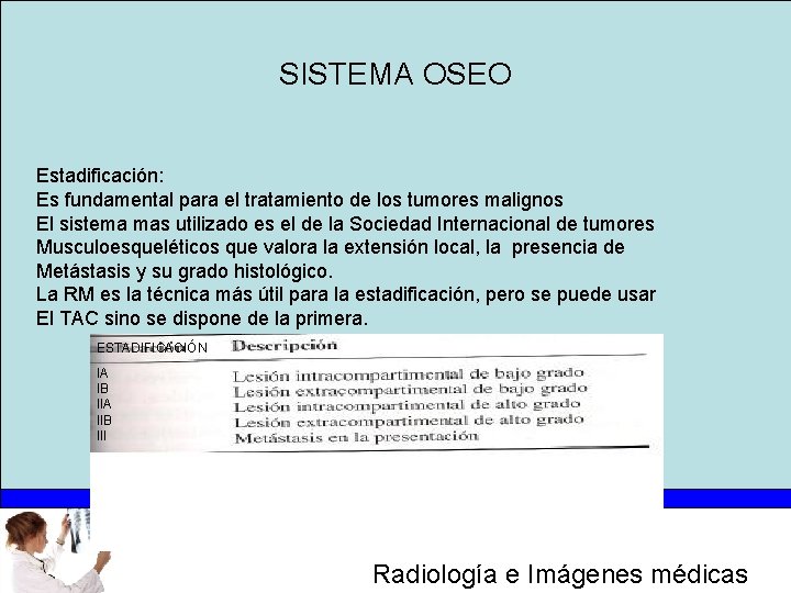 SISTEMA OSEO Estadificación: Es fundamental para el tratamiento de los tumores malignos El sistema