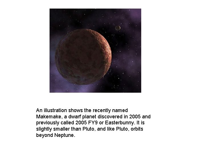 An illustration shows the recently named Makemake, a dwarf planet discovered in 2005 and