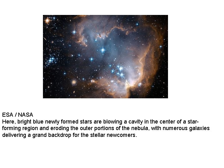 ESA / NASA Here, bright blue newly formed stars are blowing a cavity in