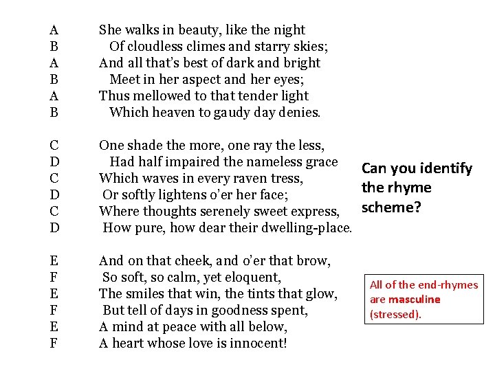 A B A B She walks in beauty, like the night Of cloudless climes A B A B She walks in beauty, like the night Of cloudless climes