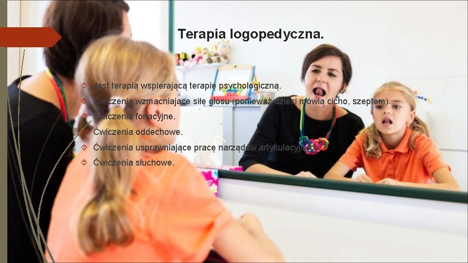 Terapia logopedyczna. Jest terapią wspierającą terapię psychologiczną. Ćwiczenia wzmacniające siłę głosu (ponieważ dzieci mówią