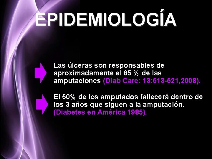 EPIDEMIOLOGÍA Las úlceras son responsables de aproximadamente el 85 % de las amputaciones (Diab