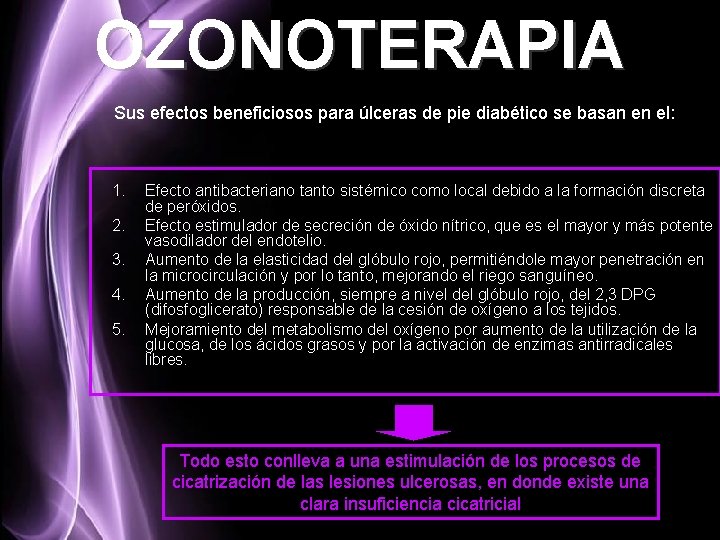 OZONOTERAPIA Sus efectos beneficiosos para úlceras de pie diabético se basan en el: 1.