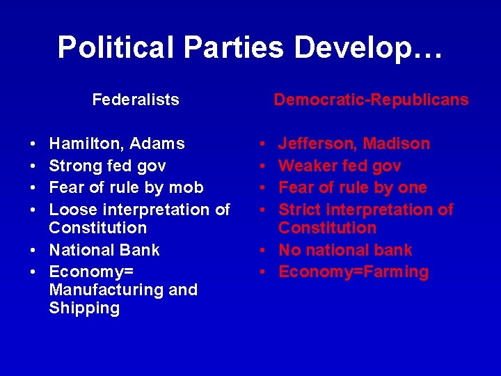 Political Parties Develop… Federalists • • Hamilton, Adams Strong fed gov Fear of rule