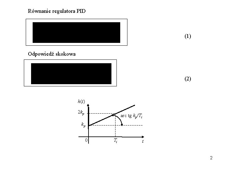 Równanie regulatora PID (1) Odpowiedź skokowa (2) h(t) 2 kp arc tg kp/Ti kp