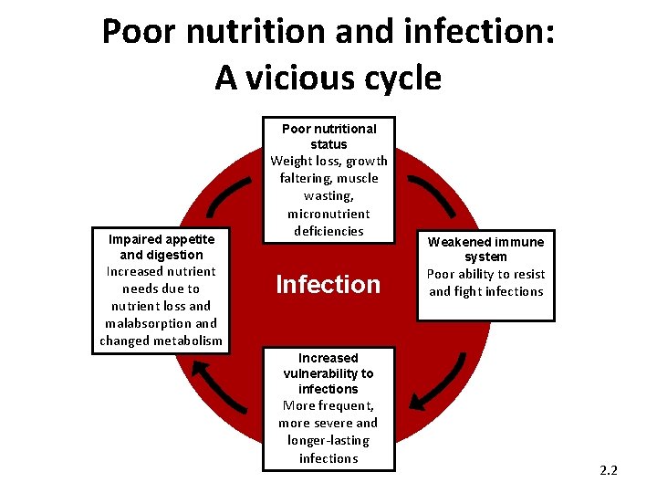 Poor nutrition and infection: A vicious cycle Poor nutritional status Impaired appetite and digestion