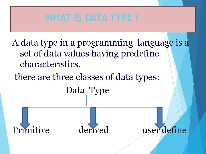 WHAT IS DATA TYPE ? A data type in a programming language is a WHAT IS DATA TYPE ? A data type in a programming language is a