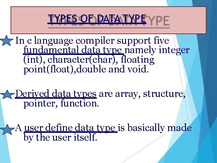 TYPES OF DATA TYPE In c language compiler support five fundamental data type namely TYPES OF DATA TYPE In c language compiler support five fundamental data type namely