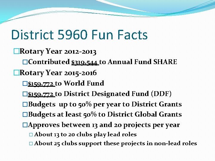 District 5960 Fun Facts �Rotary Year 2012 -2013 �Contributed $319, 544 to Annual Fund