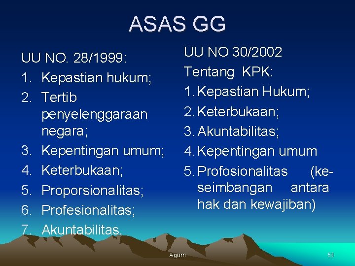 ASAS GG UU NO. 28/1999: 1. Kepastian hukum; 2. Tertib penyelenggaraan negara; 3. Kepentingan