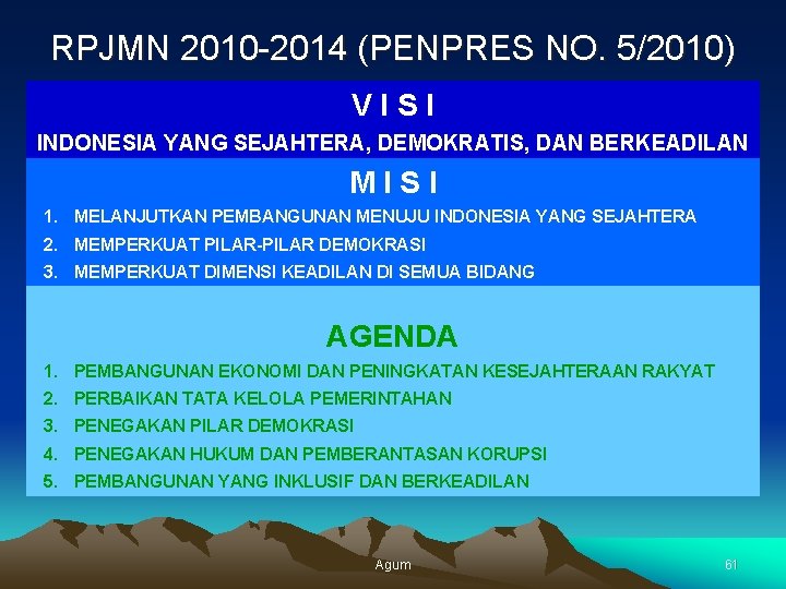 RPJMN 2010 -2014 (PENPRES NO. 5/2010) VISI INDONESIA YANG SEJAHTERA, DEMOKRATIS, DAN BERKEADILAN MISI