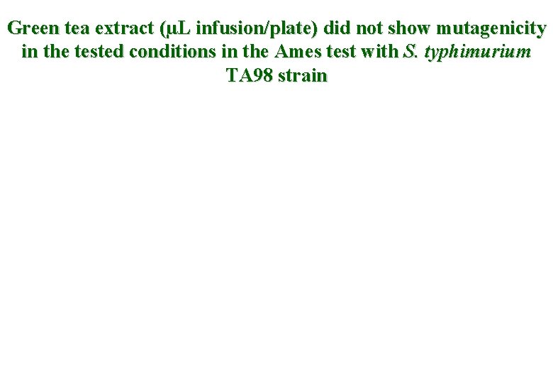 Green tea extract (µL infusion/plate) did not show mutagenicity in the tested conditions in
