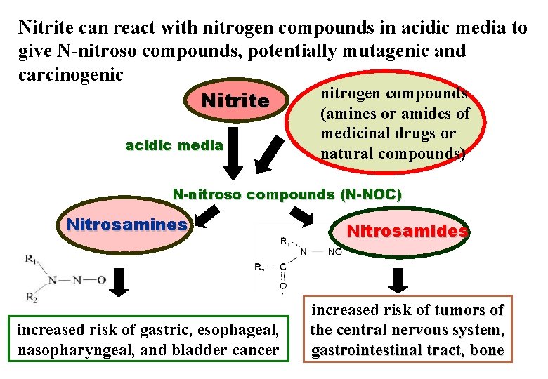 Nitrite can react with nitrogen compounds in acidic media to give N-nitroso compounds, potentially