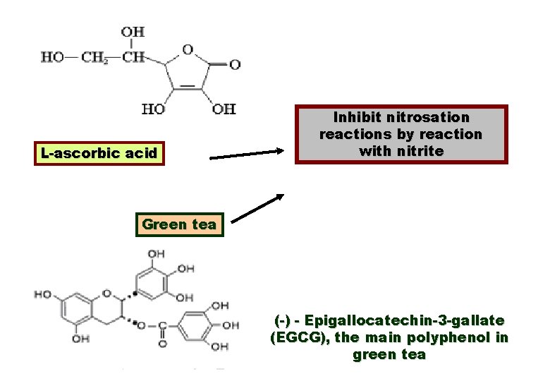 L-ascorbic acid Inhibit nitrosation reactions by reaction with nitrite Green tea (-) - Epigallocatechin-3