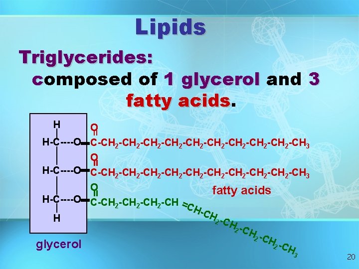 Lipids Triglycerides: composed of 1 glycerol and 3 fatty acids H = O H-C----O Lipids Triglycerides: composed of 1 glycerol and 3 fatty acids H = O H-C----O