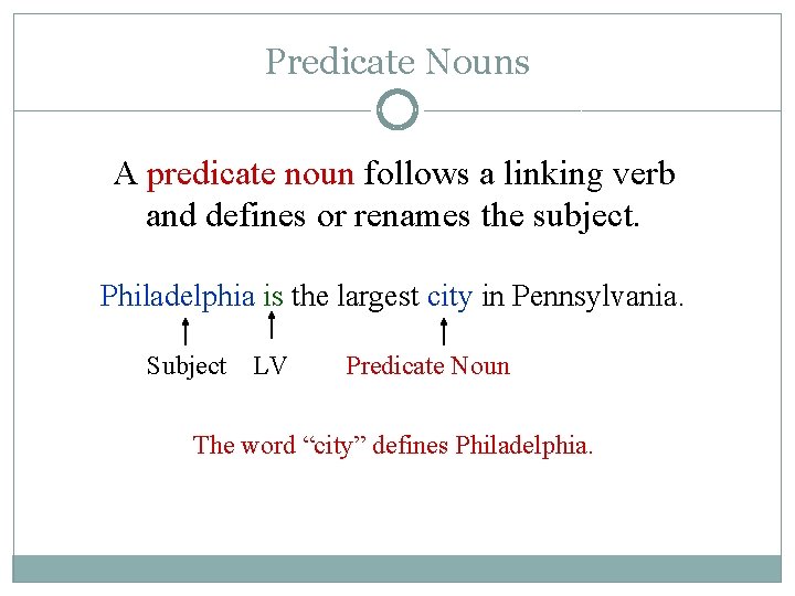 Predicate Nouns A predicate noun follows a linking verb and defines or renames the