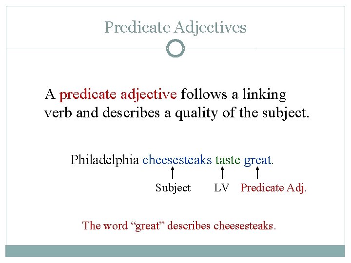 Predicate Adjectives A predicate adjective follows a linking verb and describes a quality of