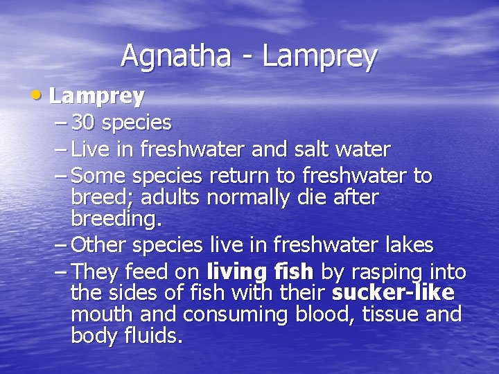 Agnatha - Lamprey • Lamprey – 30 species – Live in freshwater and salt Agnatha - Lamprey • Lamprey – 30 species – Live in freshwater and salt