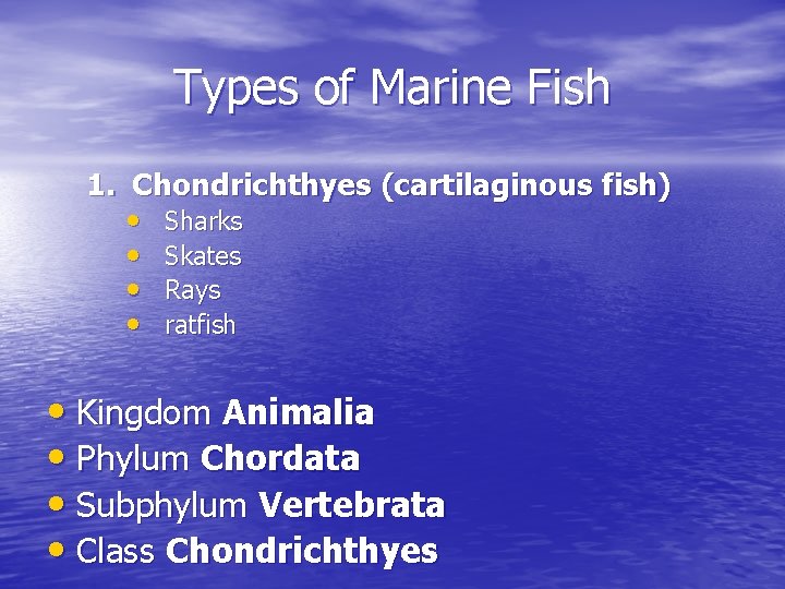 Types of Marine Fish 1. Chondrichthyes (cartilaginous fish) • Sharks • Skates • Rays Types of Marine Fish 1. Chondrichthyes (cartilaginous fish) • Sharks • Skates • Rays