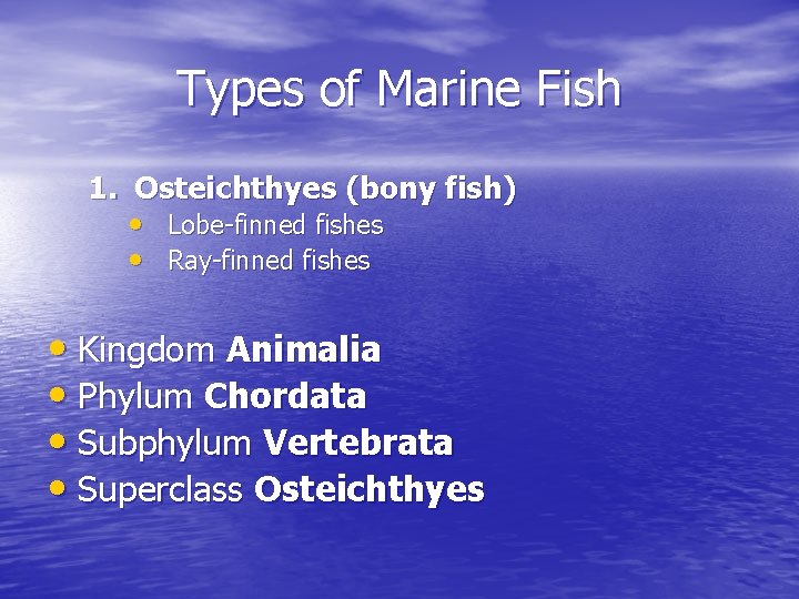Types of Marine Fish 1. Osteichthyes (bony fish) • Lobe-finned fishes • Ray-finned fishes Types of Marine Fish 1. Osteichthyes (bony fish) • Lobe-finned fishes • Ray-finned fishes