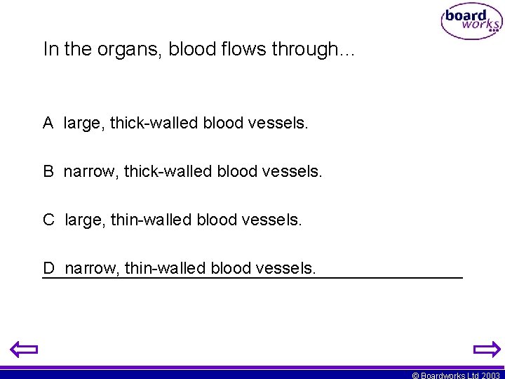 In the organs, blood flows through… A large, thick-walled blood vessels. B narrow, thick-walled