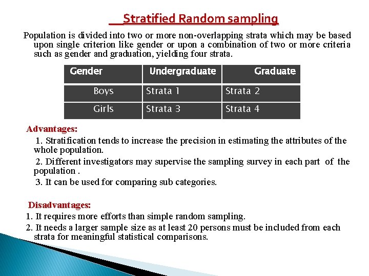Stratified Random sampling Population is divided into two or more non-overlapping strata which may