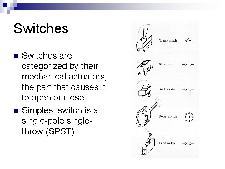 Switches n n Switches are categorized by their mechanical actuators, the part that causes
