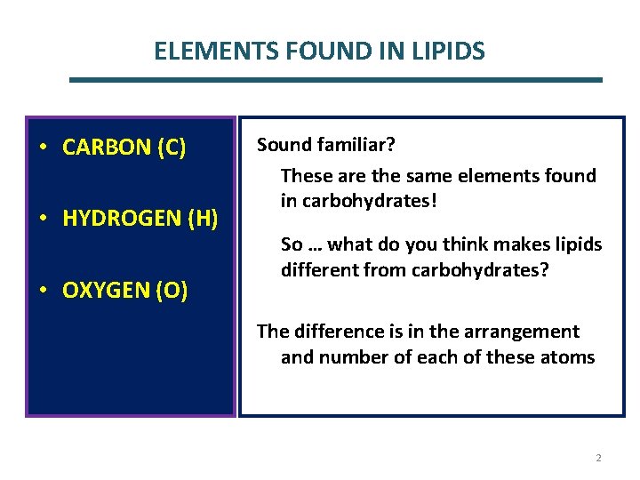 ELEMENTS FOUND IN LIPIDS • CARBON (C) • HYDROGEN (H) • OXYGEN (O) Sound