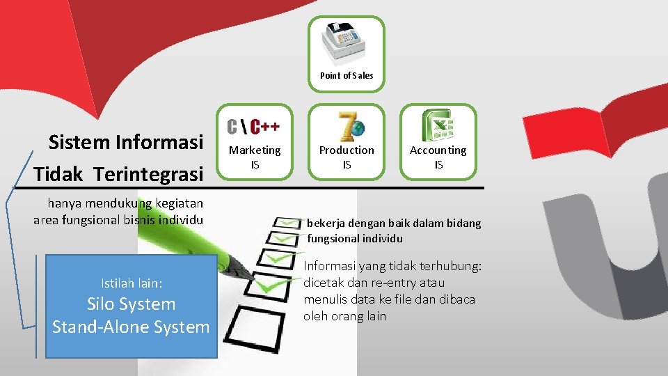 Point of Sales Sistem Informasi Tidak Terintegrasi hanya mendukung kegiatan area fungsional bisnis individu