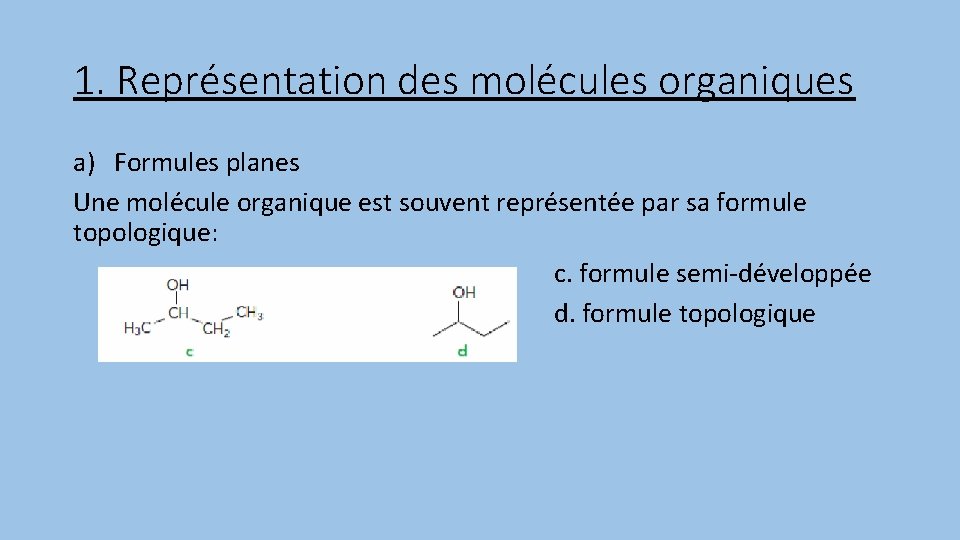 1. Représentation des molécules organiques a) Formules planes Une molécule organique est souvent représentée