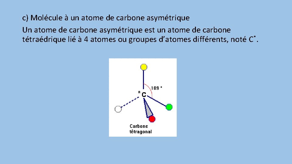 c) Molécule à un atome de carbone asymétrique Un atome de carbone asymétrique est