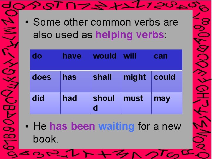  • Some other common verbs are also used as helping verbs: do have