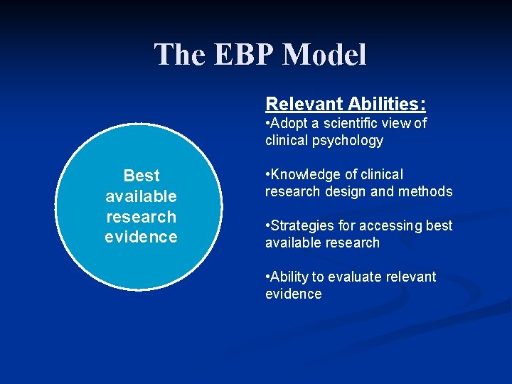 The EBP Model Relevant Abilities: • Adopt a scientific view of clinical psychology Best