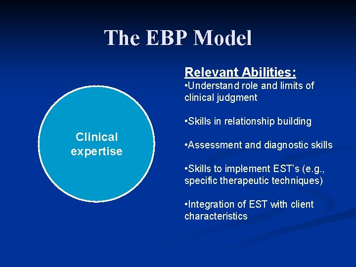 The EBP Model Relevant Abilities: • Understand role and limits of clinical judgment •