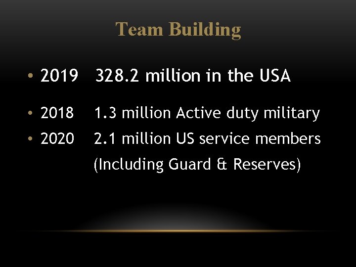 Team Building • 2019 328. 2 million in the USA • 2018 1. 3