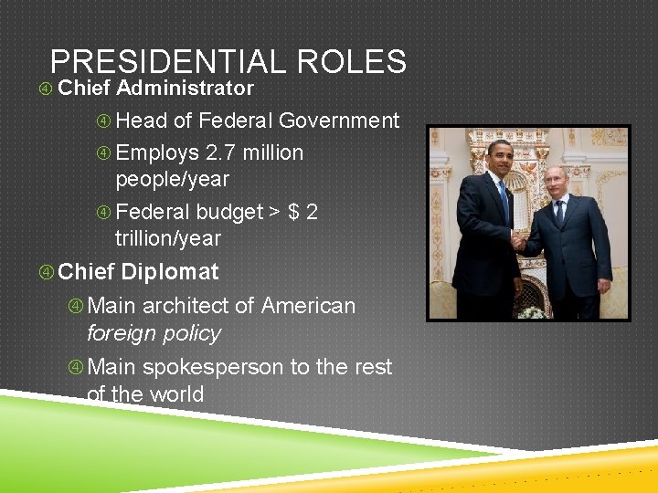 PRESIDENTIAL ROLES Chief Administrator Head of Federal Government Employs 2. 7 million people/year Federal