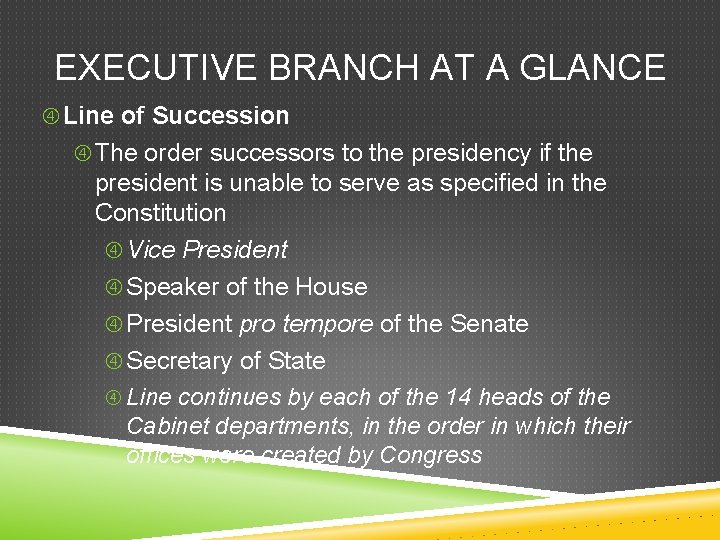 EXECUTIVE BRANCH AT A GLANCE Line of Succession The order successors to the presidency